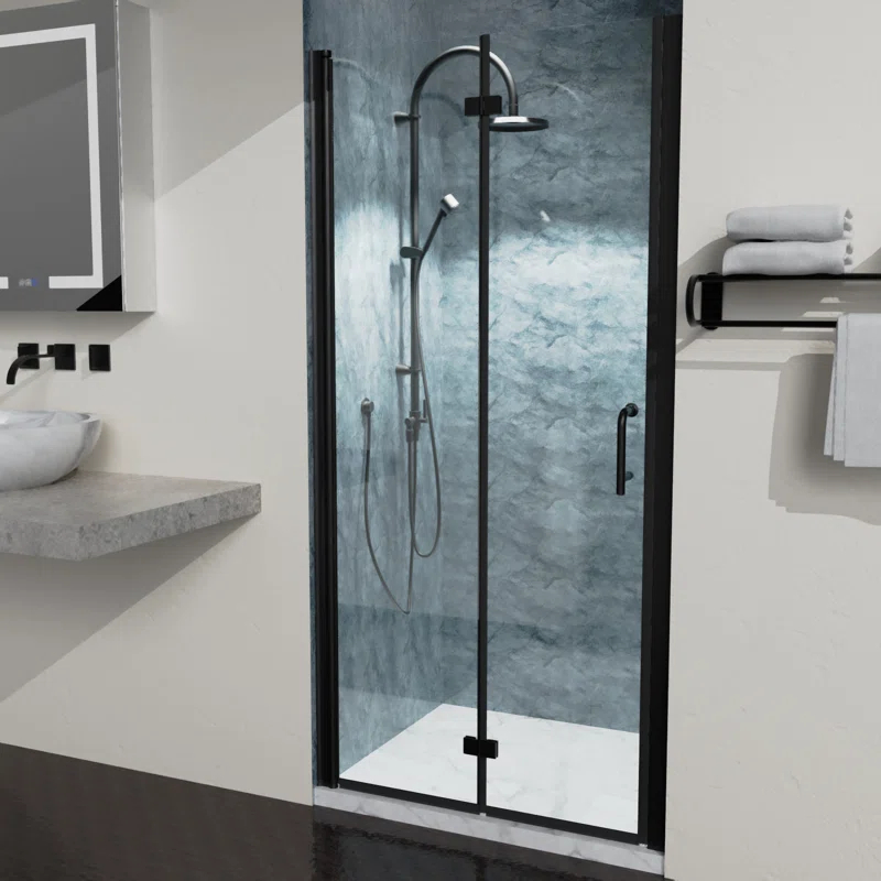 Lordear L-SD3672BBFH 36'' W x 72'' H Bi-Fold Semi-Frameless Shower Door with Clear Glass