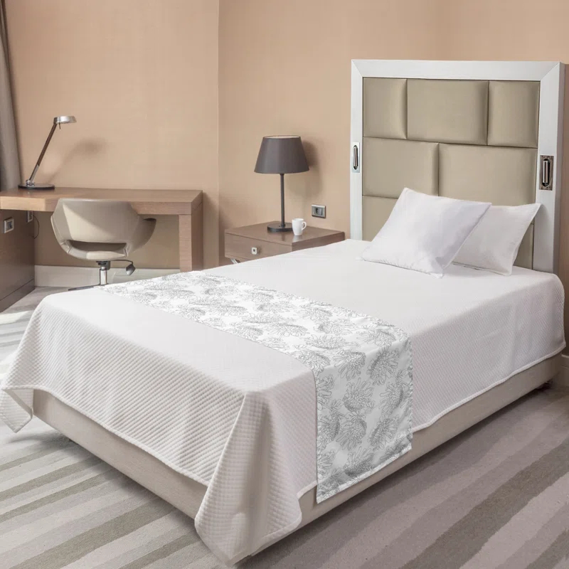 Ambesonne Ambesonne Floral Bed Runner Chrysanthemum Drawings Dimgray and White