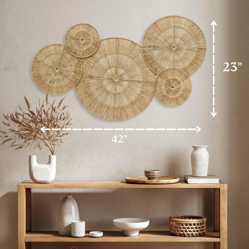 18 Inch Wicker Jute Wall Decor, Set Of 5 Large Woven Jute Wall Plates, Large Decorative Baskets For Wall Arts, 18", 14", 11", 8", 7", Farmhouse Wall Hanging For Bedroom, Living Room