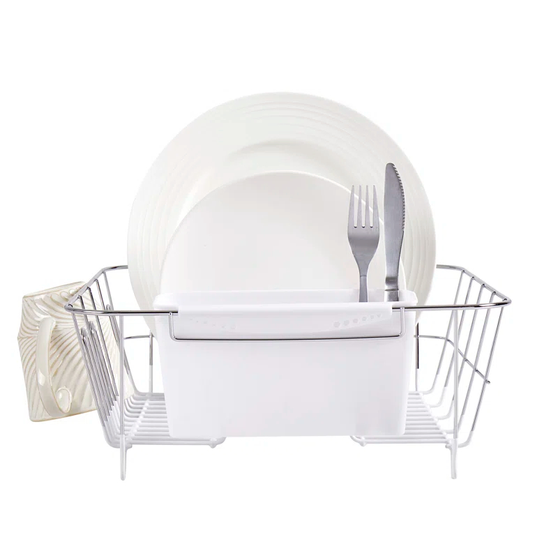 Sweet Home Collection Chrome Plated Steel 2-Piece Compact Dish Drainer with Utensil Caddy