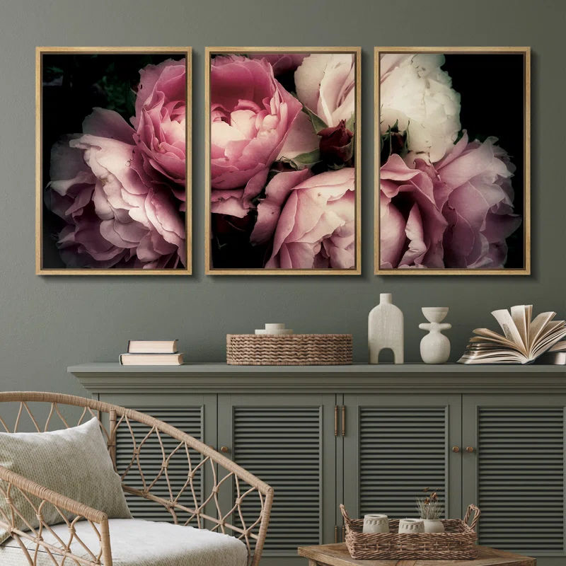 IDEA4WALL Flower Blossom " Pink Rose Peony Bouquet Floral Pictures Large Framed Canvas Print 3 Pieces Wall Art