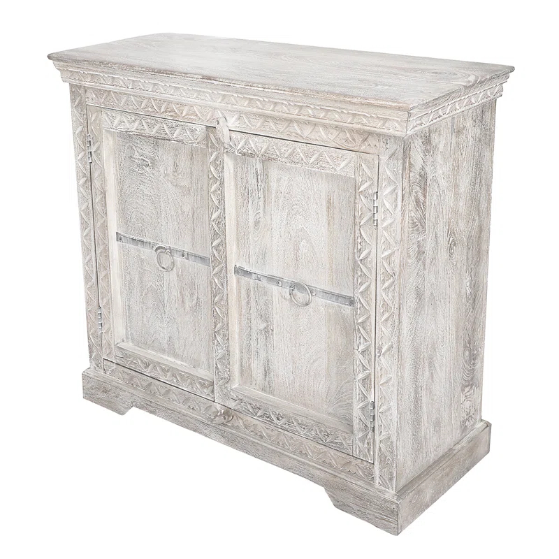 August Grove® White Solid Wood Hand Carved 2 Door Antique Cabinet