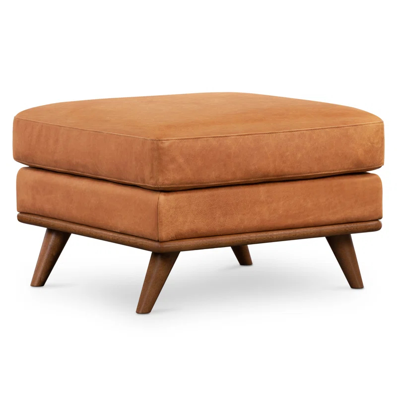 Poly & Bark Nolita Full-Grain Italian Leather Ottoman with Solid Wood Base