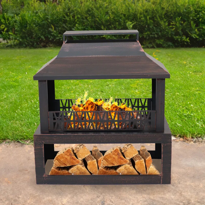 Lark Manor™ Courter 29" Rectangle Bronze Finish Steel Outdoor Fireplace with Log Storage
