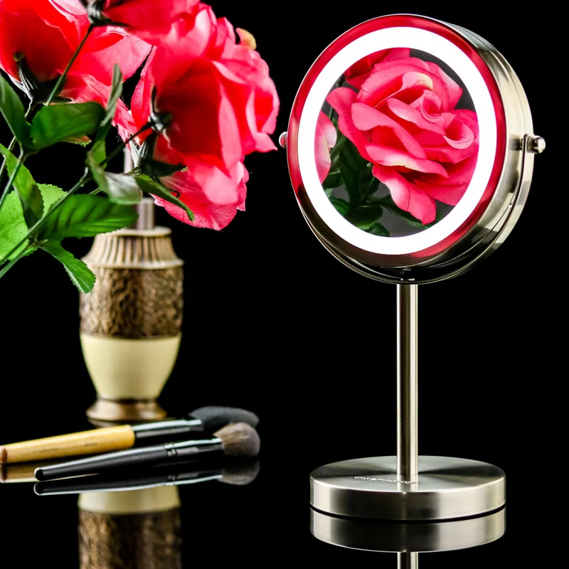 Ovente OVENTE 6" Lighted Makeup Mirror with 1X/7X Magnification, Cordless Tabletop Mount Vanity Round Mirror with 360° Swivel Design and Double Sided Cool Tone LED Ring Light, Nickel Brushed MLT60BR1X7X