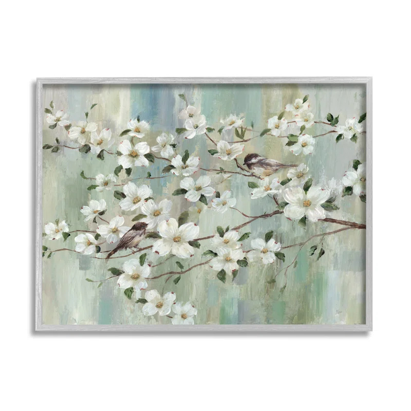 Stupell Industries " Delicate Cherry Blossom Flowers Perched Birds Classic " by Nan Painting Print
