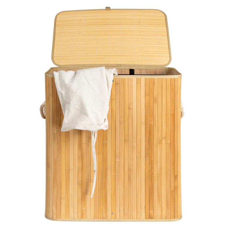 Household Essentials Bamboo Double Laundry Hamper with Rope Handles, Lid and Removable Machine Washable Laundry Bag, 39-Gallons