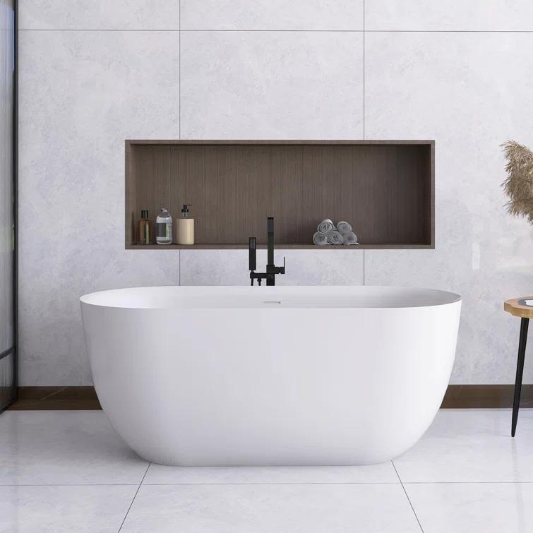 JimsMaison 59'' Acrylic Freestanding Soaking Bathtub In Glossy White JMUBBT21-59GW