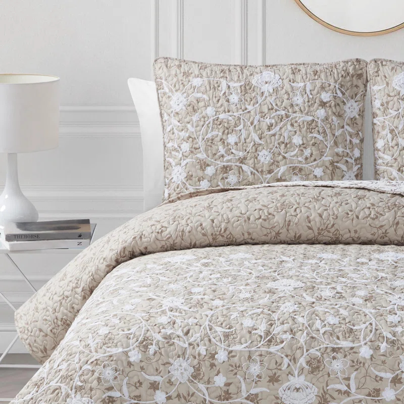 CEDAR COURT Kendall Vine Leaf Embroidery Taupe Neutral All-Season Reversible Soft Microfiber Quilt Set