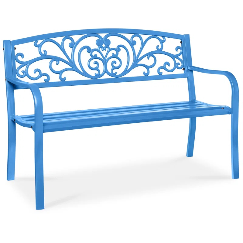 World Menagerie Outdoor Steel Bench with Floral Backrest & Slatted Seat, Marigold for Garden, Patio, Porch, Lawn, and Deck