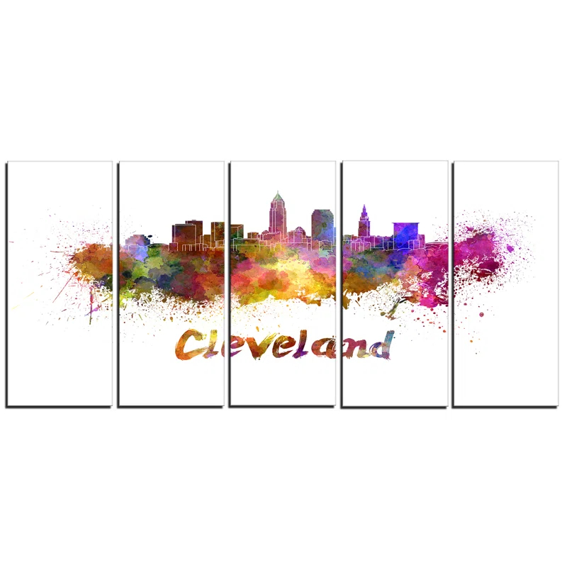 Design Art " Cleveland Skyline Cityscape " 5 - Pieces