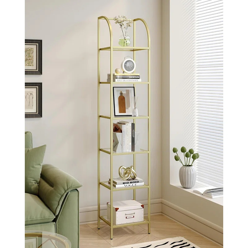 Mercer41 Bookcase Bookshelf, Tempered Glass Arched Bookshelf For More Storage, Slim Shelving Unit For Bedroom, Bathroom, Home Office, Steel Frame, 6 Tier Gold
