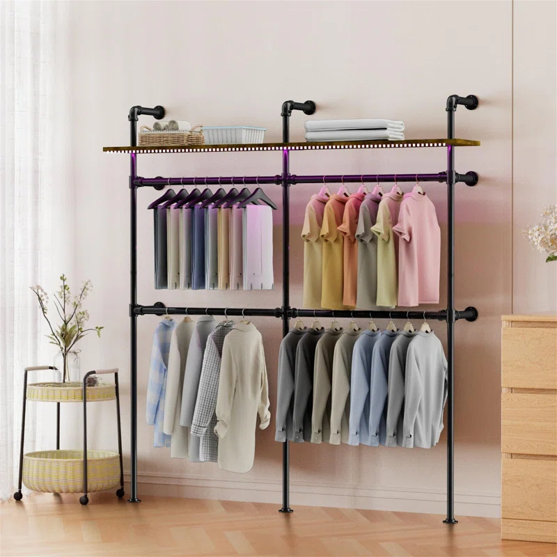 transparent.0 Industrial Pipe Hanger, Wall Mounted Industrial Hanger With LED Light And Shelf, Closet Hanger