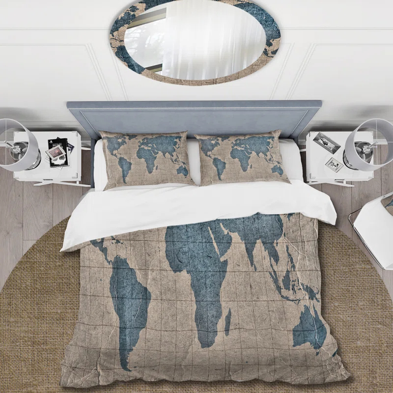 Ancient Map of The World I - Rustic Duvet Cover Set - Microfiber Polyester