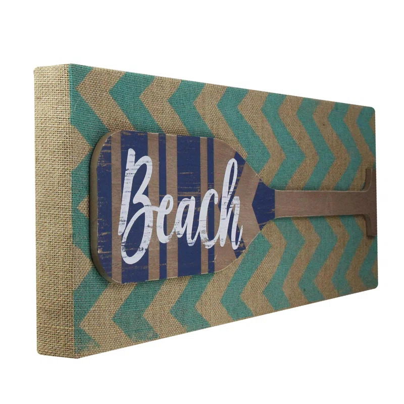 Northlight Seasonal Aqua Blue Chevron Burlap with “Beach" Wood Look Oar Linen Wall Art 24"