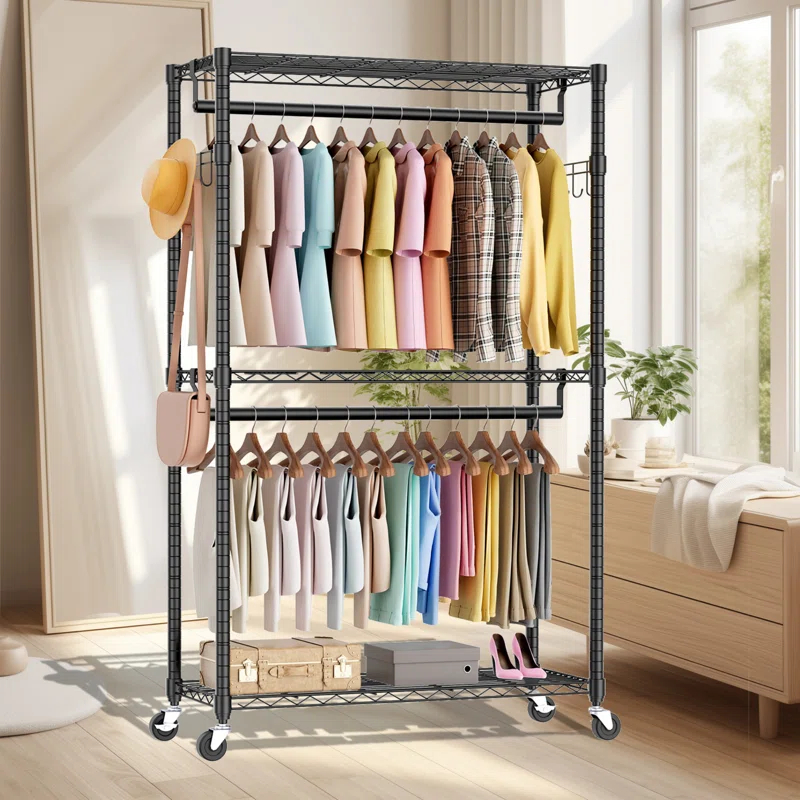 3 Tiers Rolling Clothes Rack With Wheels, Hanging Rods And Side Hooks