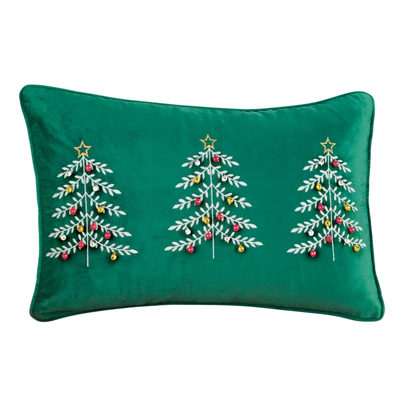 Winston Brands Embroidered Christmas Trees with 3D Ornaments Velvet Accent Pillow