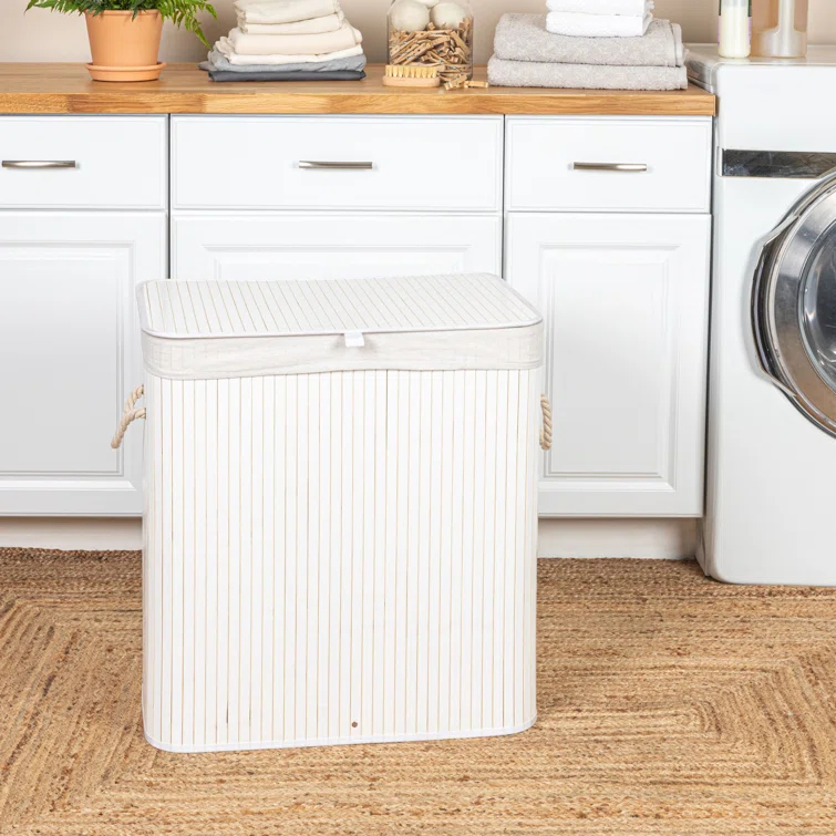 Household Essentials Bamboo Double Laundry Hamper with Rope Handles, Lid and Removable Machine Washable Laundry Bag, 39-Gallons