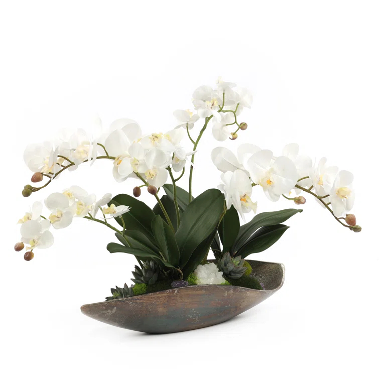 Cream White Silk Orchid Floral Arrangement in Metal Tray