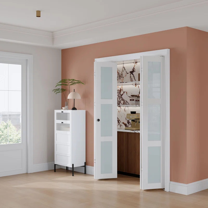 Frosted Glass And Solid Manufactured Wood Bi-Fold Door With Installation Hardware Kit