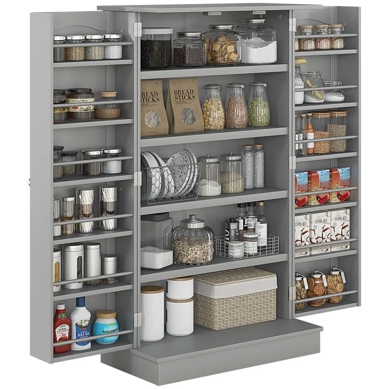 Winston Porter HOMCOM 41" Kitchen Pantry Storage Cabinet, Freestanding Kitchen Cabinet with 12 Door Shelves, Double Doors, 5-tier Shelving and Adjustable Shelves