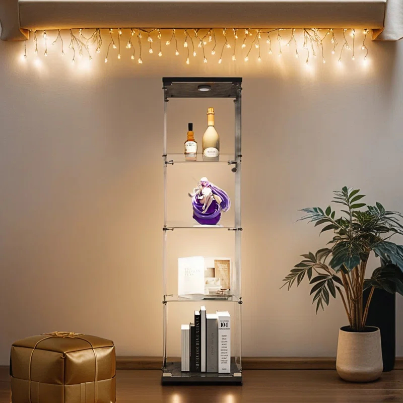 Lighted 4 Shelves Glass Cabinet Glass Display Cabinet With One Door