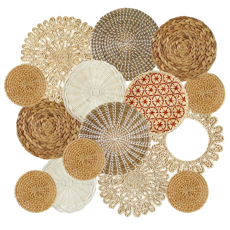 Bungalow Rose Siena 15 Pcs Boho Siena Hanging Woven Sienaative Rustic Handcrafted Seagrass Baskets Round Woven Hanging Art For Home Farmhouse Kitchen Table Living Room