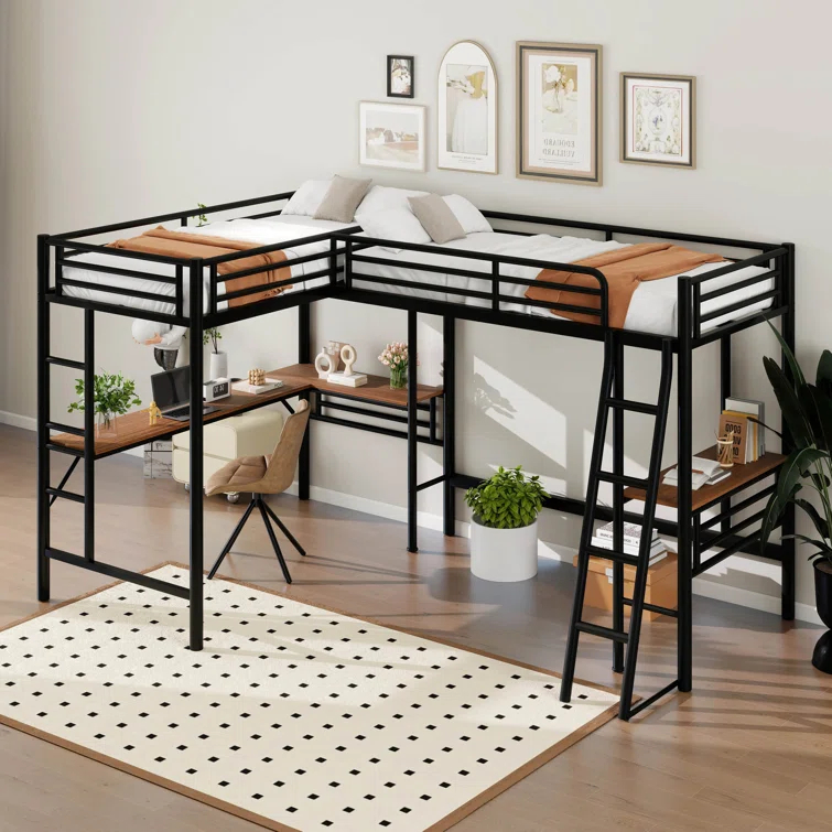 Mason & Marbles Double Twin Size Loft Beds, Metal L-Shaped Loft Bed Frame With Two Desk
