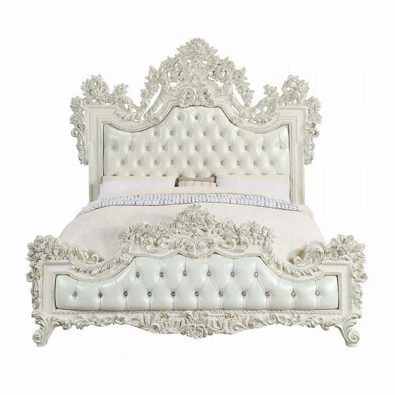 Benjara Rox King Size Bed, White Faux Leather Victorian Carved, Vintage White