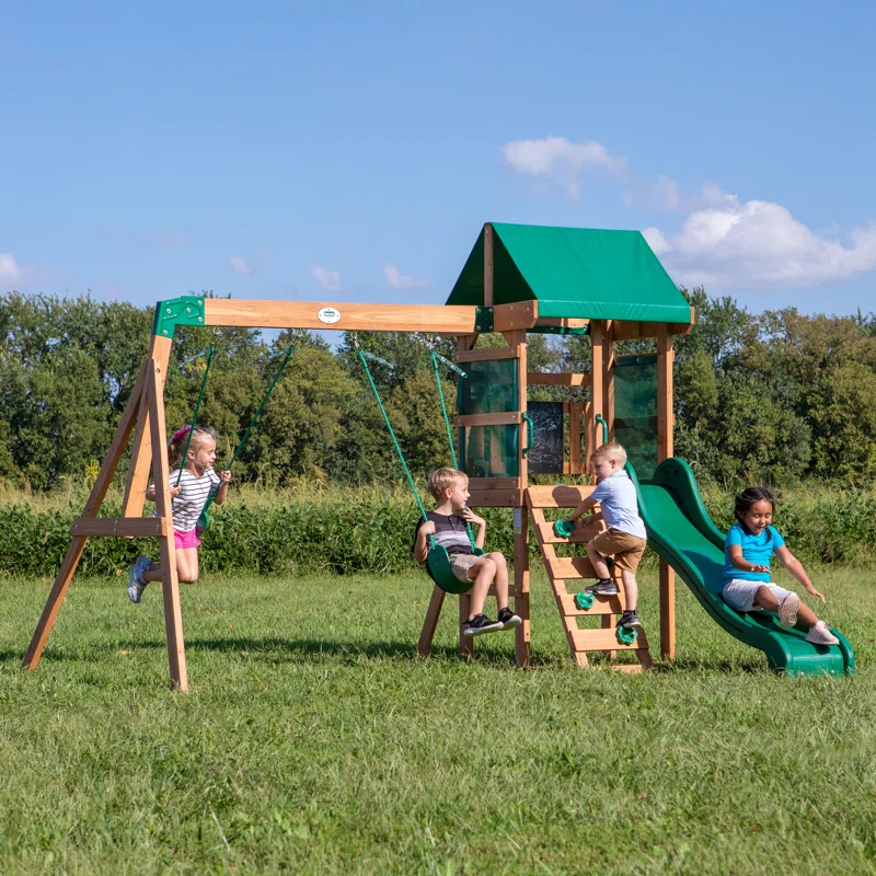 Backyard Discovery Buckley Hill Cedar Wood Swing Set with Wave Slide, Play Deck, Rock Wall Ladder, and Chalkboard & Reviews | Wayfair