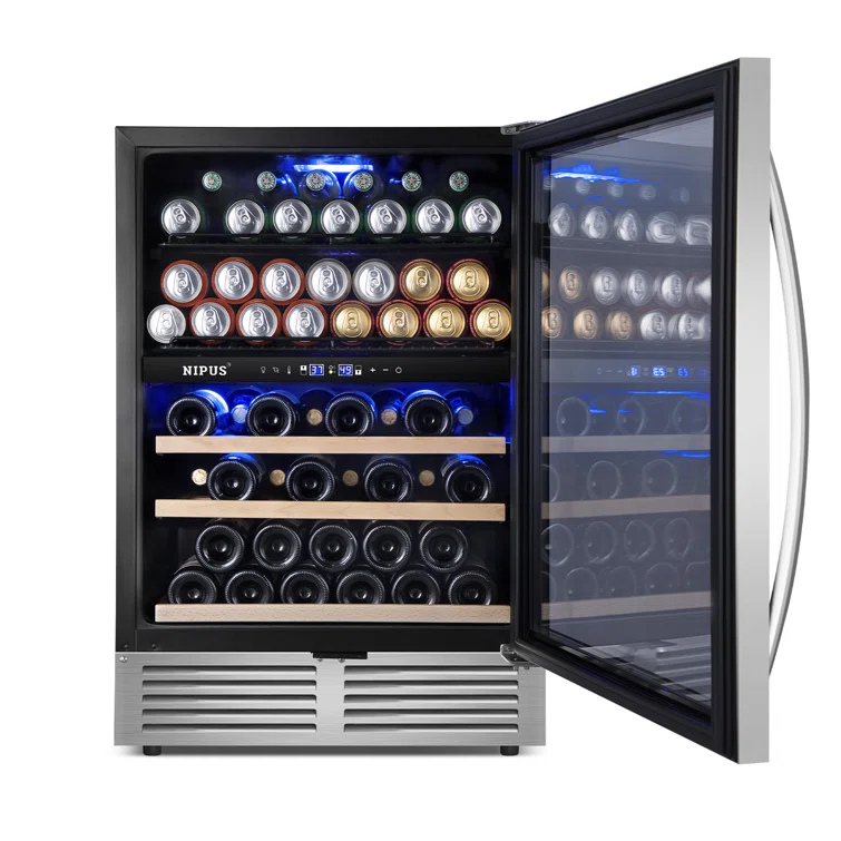 Nipus 24 Inch 94 Can and 27 Bottle Dual Zone Wine & Beverage Refrigerator Freestanding Built-in Beer and Drink Cooler with Glass Door For Kitchen, Bar or Office Classic Series