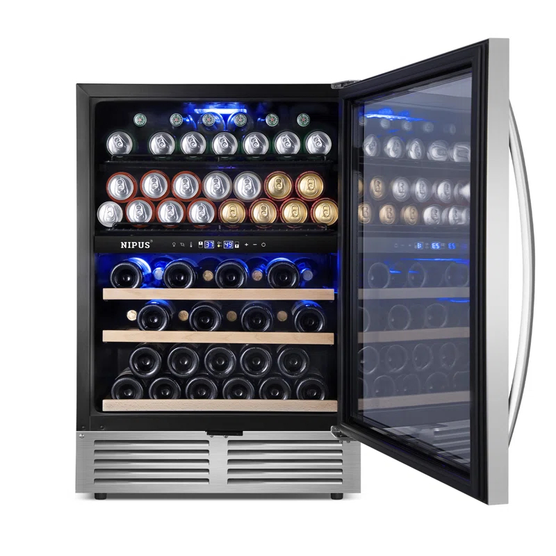 Nipus 24 Inch 94 Can and 27 Bottle Dual Zone Wine & Beverage Refrigerator Freestanding Built-in Beer and Drink Cooler with Glass Door For Kitchen, Bar or Office Classic Series