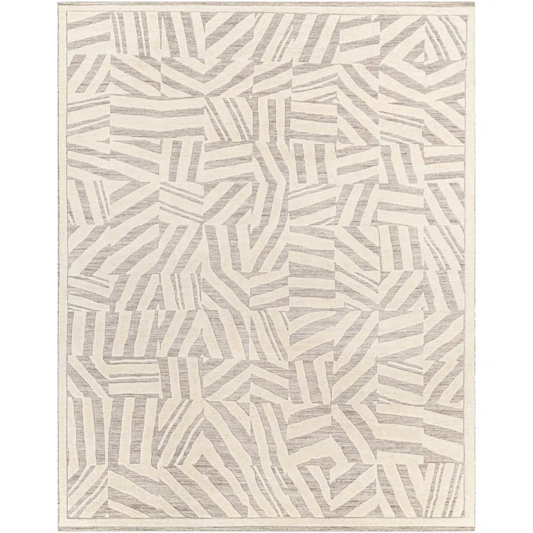 Rectangular Gray and Off-White Wool Geometric Area Rug