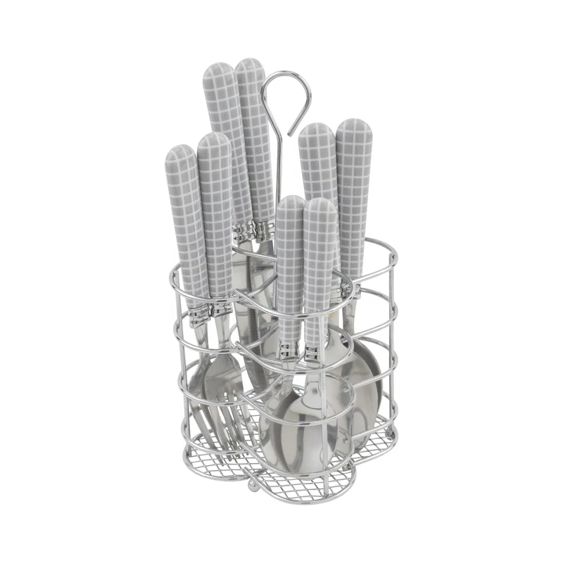 French Home French Home Bistro 16-Piece Stainless Steel Flatware Set, Service for 4, Geometric Grid