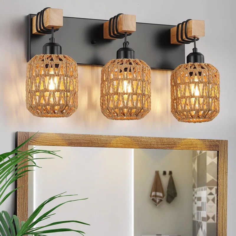 BEAUTY DEPOT Rustic Wood Bathroom Vanity Light Fixture With Boho Wicker Lampshade, 3-Light Farmhouse Wall Sconce For Bedroom, Hallway, Living Room, Black Rattan Design