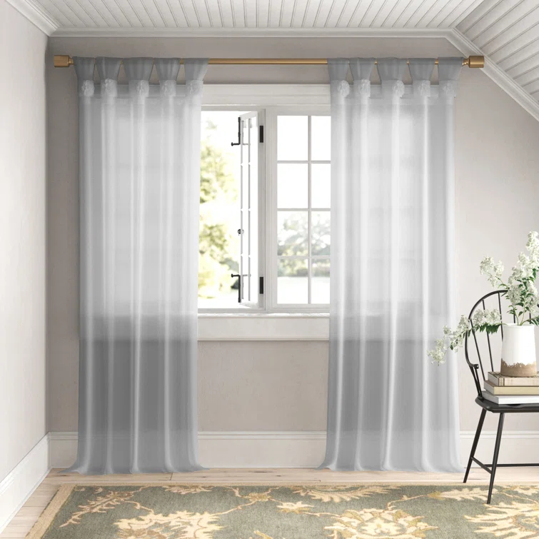 Madison Park Rosette Floral Embellished Cuff Tab Top Solid Single Curtain Panel