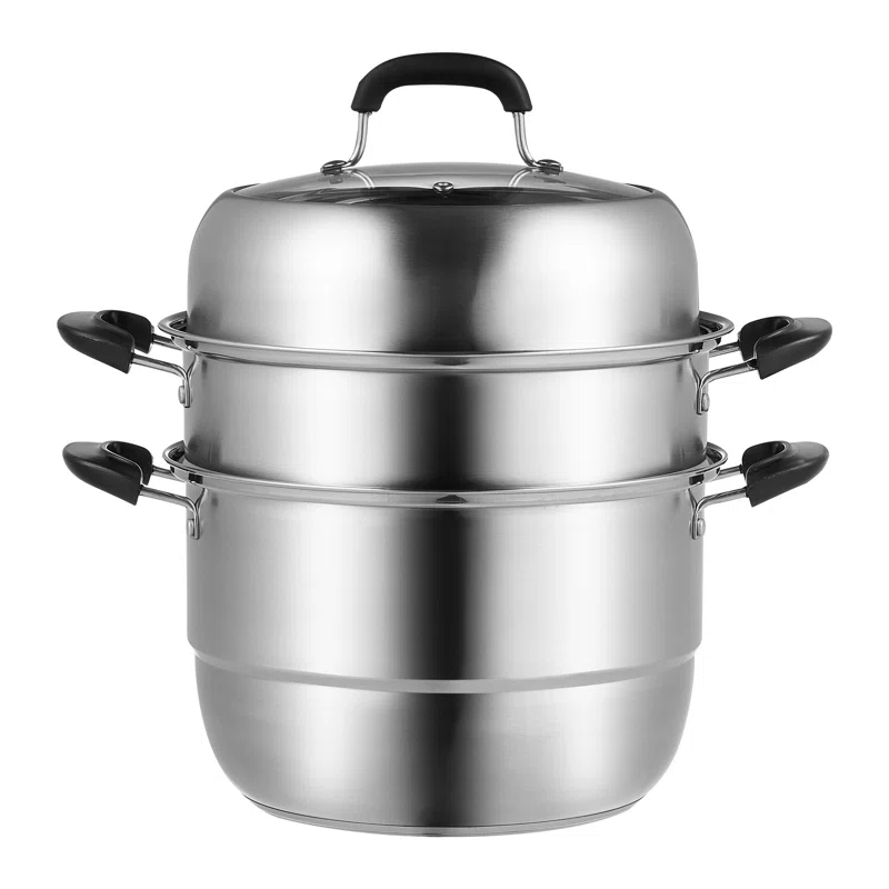 Stellweilan Tessberg Steamer Pot 11in/28cm, 3 Tier Steamer Pot for Cooking with 8.5QT Stock Pot, Vegetable Steamer & 2 Steaming Tray, Food-Grade 304 Stainless Steel Food Steamer Cookware for Gas Electric Stove Grill