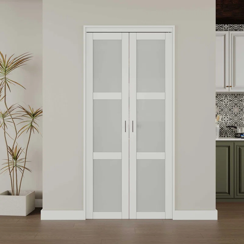 CHIC MODE Double Bifold Doors 3 Lite Frosted Glass Solid Manufactured Wood Prefinished Folding Door