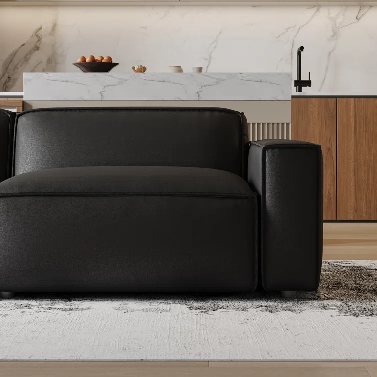 Hokku Designs Hamall Valencia Nathan Full Aniline Leather Modular Sofa With Down Feather, Three Seats, Black Color
