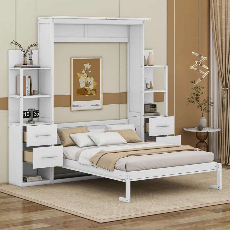 Cosmic Full Size Murphy Bed Wall Bed with Shelves, Drawers and LED Lights