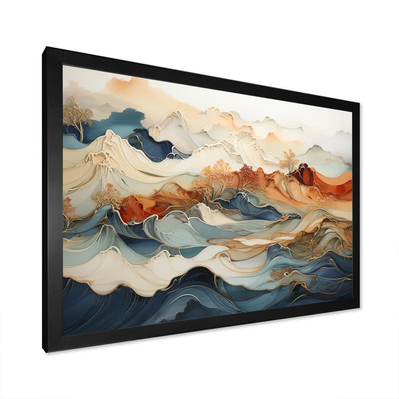 Design Art Abstract Orange And Blue River Ink III - Wall Art Print On Canvas