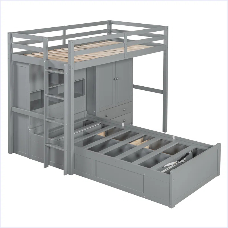 yuanhuan Twin Bunk Bed With Drawers, Wardrobe, Storage Shelves And Hydraulic Bed