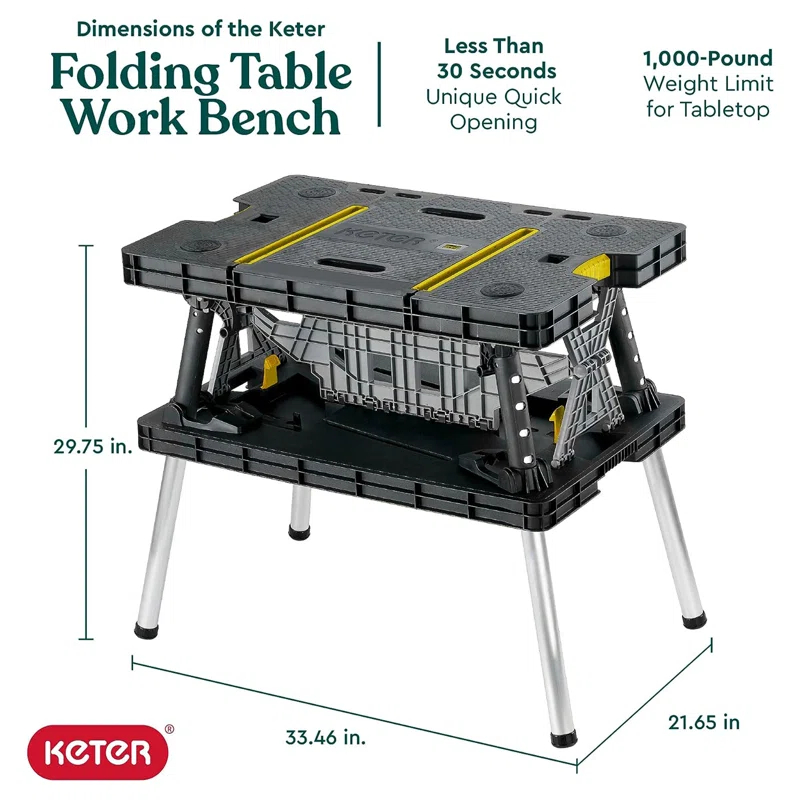 Keter Folding Portable Workbench Sawhorse with (2) 12" Clamps, Black and Yellow
