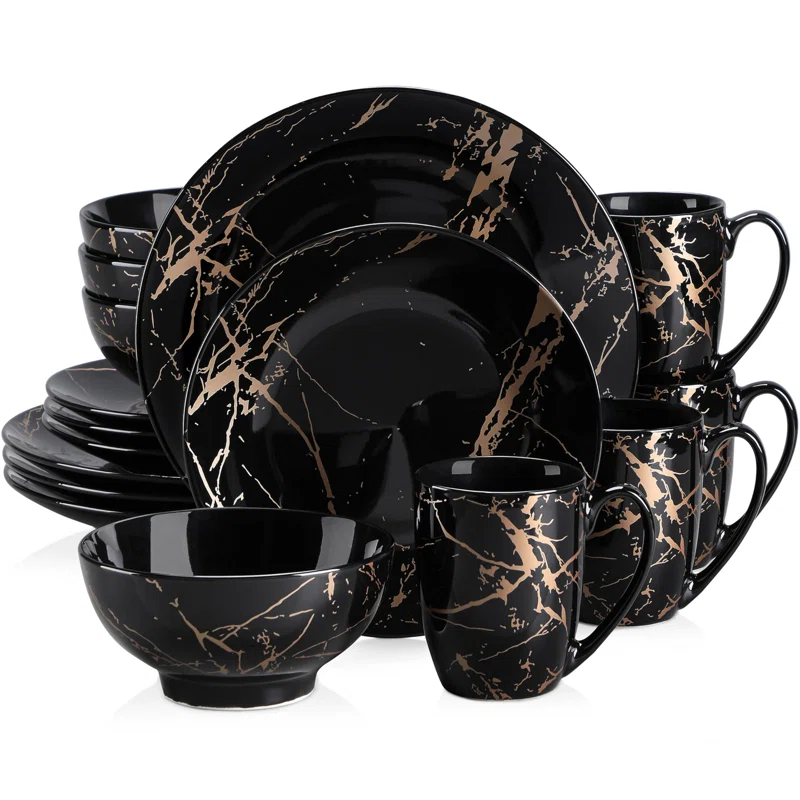 Plates And Bowls Sets For 4, Porcelain Dinnerware Sets  Gold Splash Glaze Ceramic Dish Set, Round Dinner Set With Mugs, Dishwasher Microwave Safe,(Black/16 Piece)