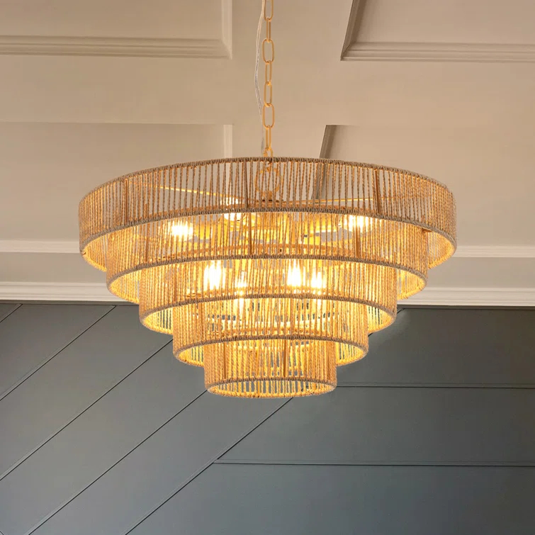 HLILish Bohemian Style Woven Pendant Light 23.6 Inch Rattan Ligh Large Rattan Pendant Light With 5-Tier Rattan Chandelier--Wood