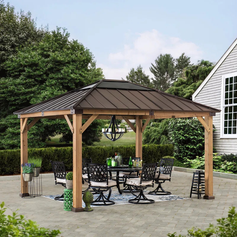 Sunjoy Sunjoy Hardtop Gazebo 11 x 13 ft. Upgrade Cedar Framed Wood Gazebos with Brown Steel and Polycarbonate Hip Roof Hardtop for Garden, Backyard Shade,