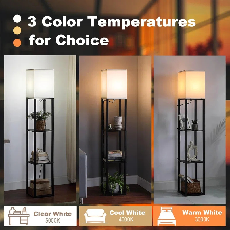 Latitude Run® Modern Corner Floor Lamp With 4-Tier Shelves, USB Charging Ports, Power Outlet & Drawer, Adjustable LED Light, Black Wooden Standing Lamp For Living Room, Bedroom, Office