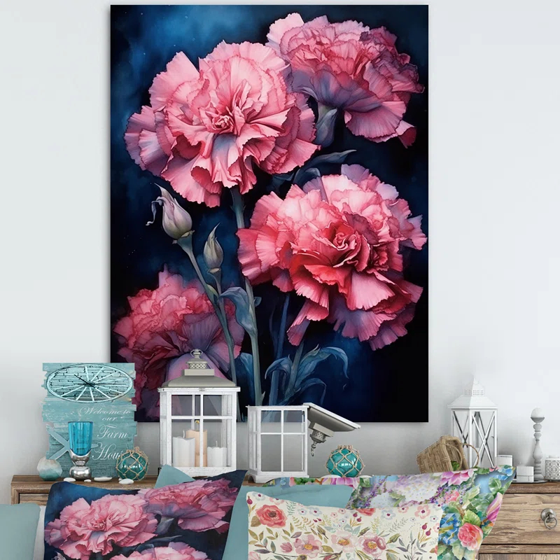 Design Art " Pink Carnation On Navy Blue Ink "