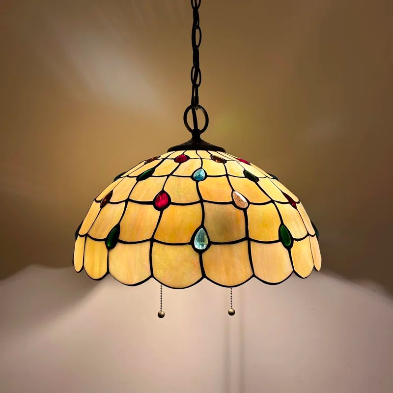 Astoria Grand Paladora Tiffany Pendant Lights Gold Stained Glass Crystal Beans LED Bulbs Included 16" W*16" D*75" H
