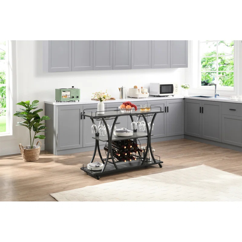 Industrial Bar Cart Kitchen Bar&Serving Cart For Home With Wheels 3 -Tier Storage Shelves